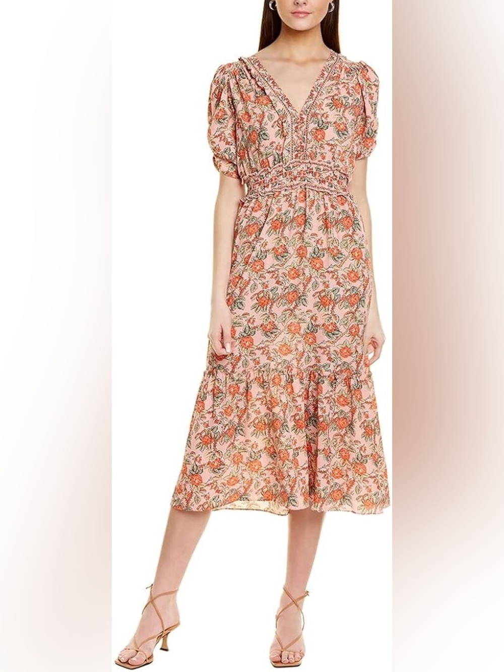 Max Studio Floral V-Neck Midi Dress - Peach Floral - Picture 2 of 13
